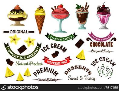 Retro ice cream symbols for cafe and sweet shop design template with pleasant strawberry, pineapple, chocolate and cherry ice cream desserts with fresh fruits and caramel sauce, decorative ribbon banners and headers, vanilla flowers, pieces of dark chocolate and pineapple fruit. Ice cream icons with retro design elements