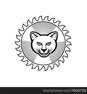 Retro icon style illustration of a circular saw blade with smiling cougar, lioness or big cat on isolated white background done in black and white.. Smiling Cougar Circular Saw Blade Icon Retro