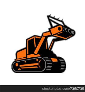 Retro icon style illustration of a tracked mulching tractor or forestry mulcher viewed from side on isolated background.. Tracked Mulching Tractor Icon Retro