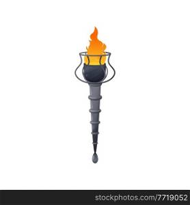 Retro illumination burning torch on metal stick medieval lighting tool. Vector sport object carried ceremonially, liberty, freedom and power mascot. Sparkling portable stick with fire ui games element. Stick with burning fire isolate flaming torch icon
