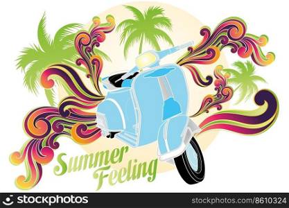 Retro illustration (isolated on white) of motobike with palms, sun and colorful swirls - available as jpg and eps-file