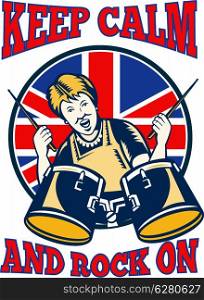 "Retro illustration of a british granny queen playing drums with union jack flag set inside shield with words "keep calm and rock on"."