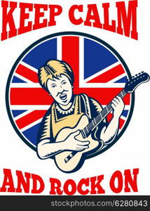 "Retro illustration of a british granny queen playing guitar with union jack flag set inside circle with words "keep calm and rock on"."