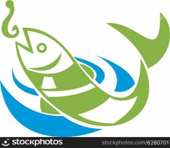 Retro illustration of a fish jumping for bait hook on isolated white background.