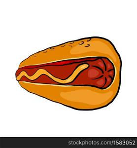 Retro illustration of a hot dog with mustard on a white background. Fast wood. Junk food. Vector illustration for menus, logos, recipes and your design.. Retro illustration of a hot dog with mustard on a white background. Fast wood. Junk food. Vector illustration