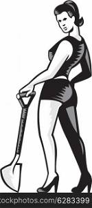 Retro illustration of a pin-up girl female wearing shorts and leaning on spade shovel woodcut style on isolated white background.