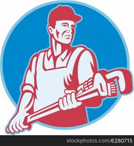 Retro illustration of a plumber worker carrying a giant adjustable monkey wrench viewed from front set inside circle on isolated white background.