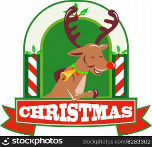 Retro illustration of a reindeer stag deer buck facing side running with arch in background done in retro style.