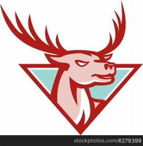Retro illustration of a stag deer buck head facing side set inside triangle done in retro style.. Deer Stag Buck Head Woodcut