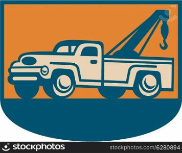 Retro illustration of a vintage tow wrecker pickup truck viewed from side.