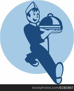 Retro illustration of a waiter cook chef baker walking serving platter plate of food set inside circle.