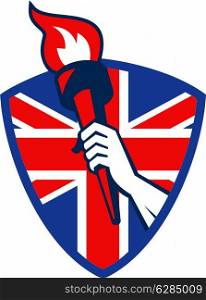 Retro illustration of an athlete hand holding a flaming torch with union jack Great Britain British flag set inside shield on isolated white background.&#xA;