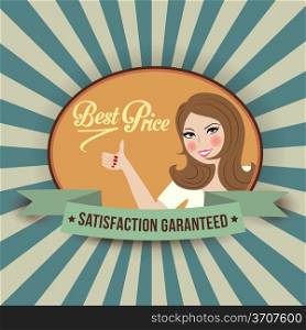 retro illustration with a woman and best price message, vector format