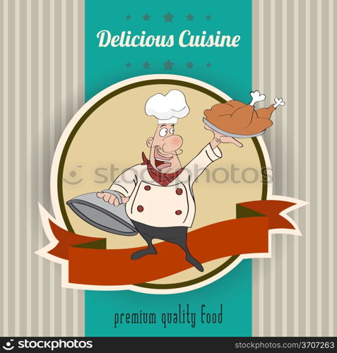 Retro illustration with cook and delicious cuisine message, vector illustration