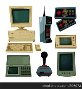 Retro illustrations of technicians gadgets. Vector pictures retro and vintage gadget, device video game, joystick and keyboard. Retro illustrations of technicians gadgets. Vector pictures