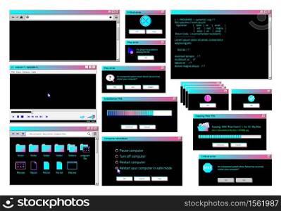 Retro interface. Classic old software UI with cyberpunk theme and colors, retro futuristic popup windows, internet browser and file manager. Vector set computers screen panel loading. Retro interface. Classic old software UI with cyberpunk theme and colors, retro futuristic popup windows, internet browser and file manager. Vector set