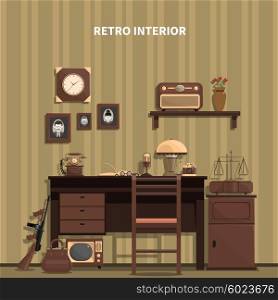 Retro Interior Illustration . Retro interior with a microphone a table a radio and photos flat vector illustration