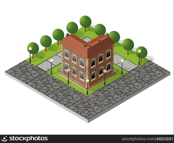 Retro isometric country house. Retro isometric country college house municipal infrastructure and city educational objects