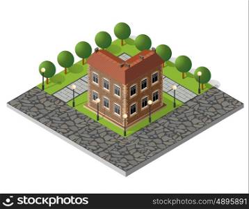 Retro isometric country house. Retro isometric country college house municipal infrastructure and city educational objects