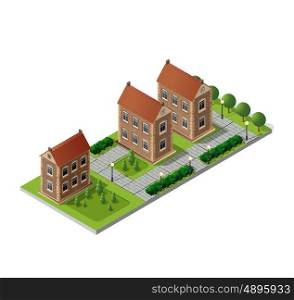 Retro isometric country house. Retro isometric country college house municipal infrastructure and city educational objects