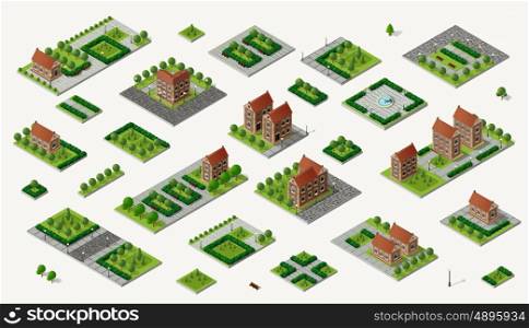 Retro isometric country house. Retro set isometric country college house municipal infrastructure and kit city educational objects
