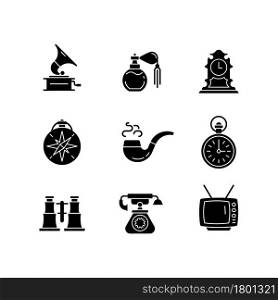 Retro items black glyph icons set on white space. Phonograph records. Vintage perfume. Tabletop clock. Compass. Smoking pipe. Field glasses. Silhouette symbols. Vector isolated illustration. Retro items black glyph icons set on white space