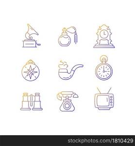 Retro items gradient linear vector icons set. Phonograph records. Vintage perfume. Tabletop clock. Smoking pipe. Thin line contour symbols bundle. Isolated outline illustrations collection. Retro items gradient linear vector icons set