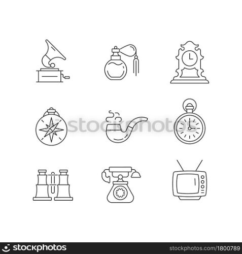 Retro items linear icons set. Phonograph records. Vintage perfume. Tabletop clock. Smoking pipe. Customizable thin line contour symbols. Isolated vector outline illustrations. Editable stroke. Retro items linear icons set