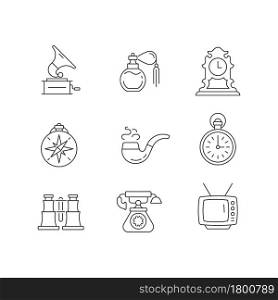 Retro items linear icons set. Phonograph records. Vintage perfume. Tabletop clock. Smoking pipe. Customizable thin line contour symbols. Isolated vector outline illustrations. Editable stroke. Retro items linear icons set