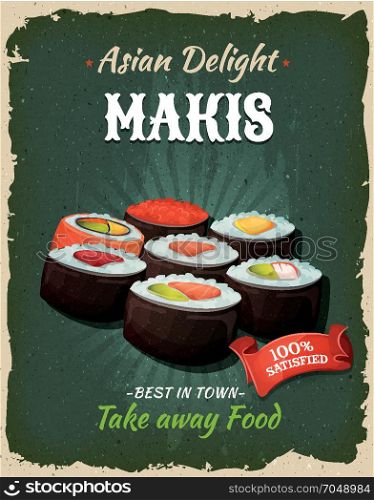 Retro Japanese Makis Poster. Illustration of a design vintage and grunge textured poster, with japanese maki specialty, for fast food snack and takeaway menu