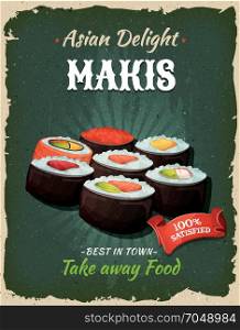 Retro Japanese Makis Poster. Illustration of a design vintage and grunge textured poster, with japanese maki specialty, for fast food snack and takeaway menu