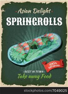 Retro Japanese Springrolls Poster. Illustration of a design vintage and grunge textured poster, with springrolls specialty, for asian fast food snack and takeaway menu