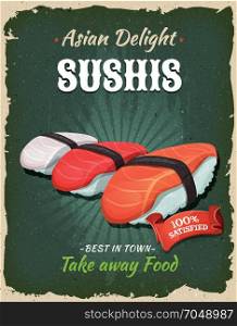 Retro Japanese Sushis Poster. Illustration of a design vintage and grunge textured poster, with japanese sushis specialty, for fast food snack and takeaway menu