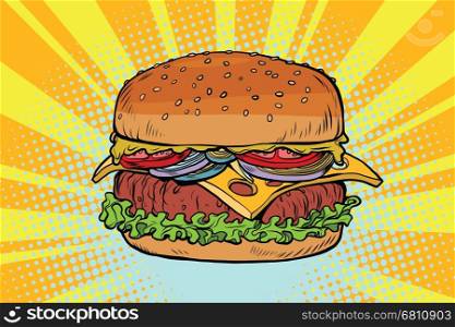 Retro juicy delicious Burger with meat and salad. Comic pop art illustration vector drawing. Fast food and restaurant. Retro juicy delicious Burger with meat and salad