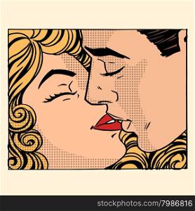 Retro kiss man and woman love couple pop art style. Retro kiss man and woman love couple