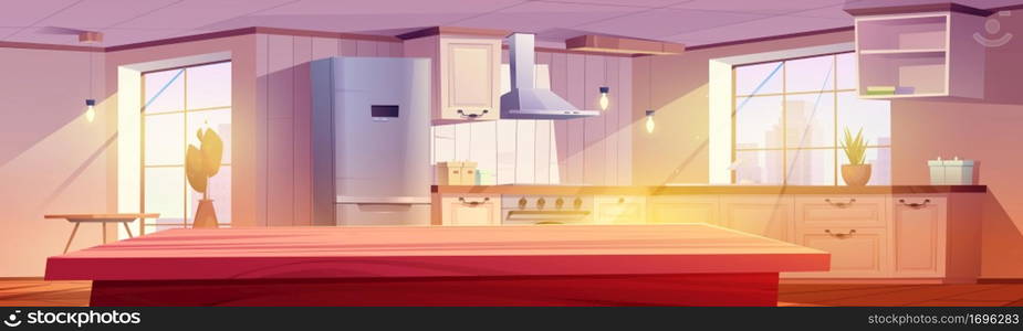 Retro kitchen empty light interior with wooden table, furniture and appliances. Oven, range hood refrigerator. Vintage cooking room in apartment illuminated with sunlight, Cartoon vector illustration. Retro kitchen empty light interior with wood table