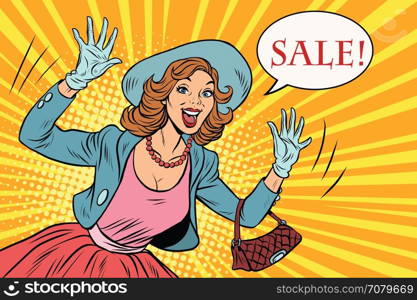 Retro lady enjoys the sale. pop art vector illustration. Retro lady enjoys the sale