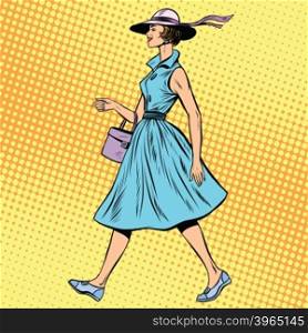 retro lady in summer dress and hat pop art retro style. Beautiful girl on a walk. retro lady in summer dress and hat