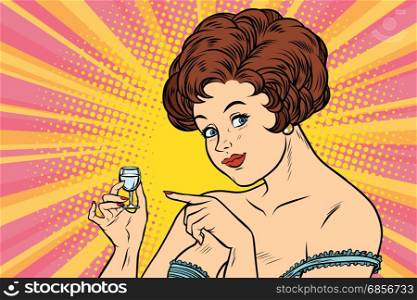 Retro lady offers a drink of vodka. Cartoon comic illustration pop art retro style vector. Retro lady offers a drink of vodka