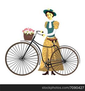 Retro lady on a bicycle with hat and basket vector Illustration isolated on white background. Retro lady on a bicycle with hat and basket vector Illustration isolated