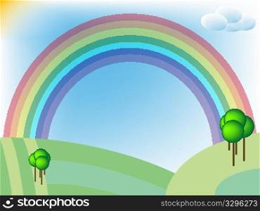 retro landscape with fields and rainbow, abstract vector art illustration