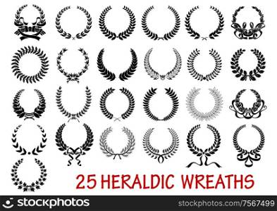 Retro laurel wreath heraldic icons set with ribbons and laurel leaf branche isolated on white background