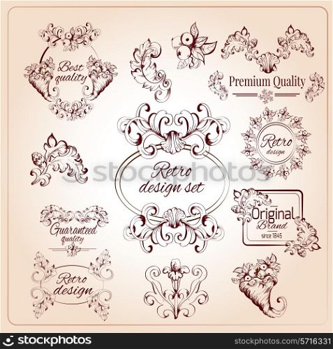 Retro leaf design elements premium brand calligraphic emblems set isolated vector illustration
