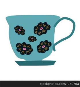 Retro light blue tea cup with teal color flowers. Isolated on white background. Flat cartoon style. Vector Illustration.. Retro light blue tea cup with teal color flowers.