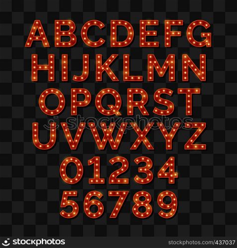 Retro light bulb bright alphabet isolated on transparent background. Vector illustration. Retro light bulb bright alphabet isolated on transparent background