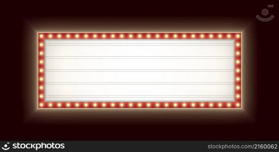 Retro lightbox with yellow light bulbs isolated on a dark background. Vintage theater signboard mockup. Red commercial announcement banner. Marquee billboard with lamps.. Retro lightbox with light bulbs isolated on a dark background. Vintage theater signboard mockup.