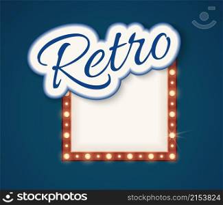Retro lights banner. Shine cinema show or circus element. Neon lamp bulbs frame with empty place for text vector sign. Illustration of billboard and signboard banner. Retro lights banner. Shine cinema show or circus element. Neon lamp bulbs frame with empty place for text vector sign