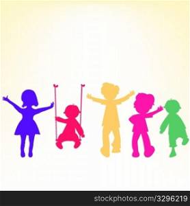 retro little kids silhouettes over shiny background, abstract art illustration