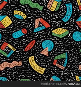 Retro looks seamless vector pattern with hand drawn doodles on colorful geometric shapes.