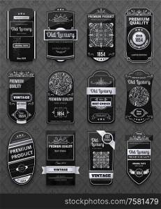 Retro luxury labels set in black and white color isolated on gray background with pattern realistic vector illustration
